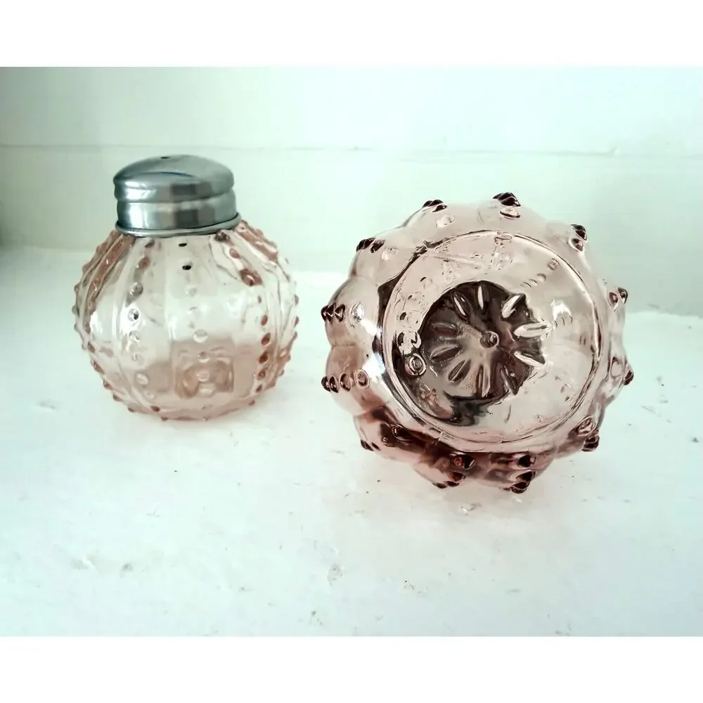 Pink Hobnail Depression Glass Salt Pepper Shakers Pair Chrome Tops Ribbed
